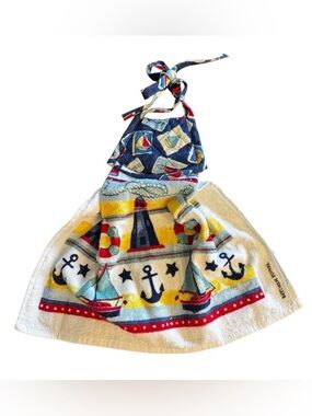 NWOT Cecil Saydah vintage hanging kitchen towel nautical quilted tie on